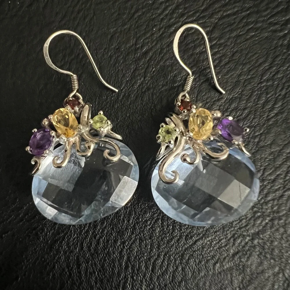 925 Sterling Silver Multi Color Glass Blue Topaz Drop Earrings 1.25